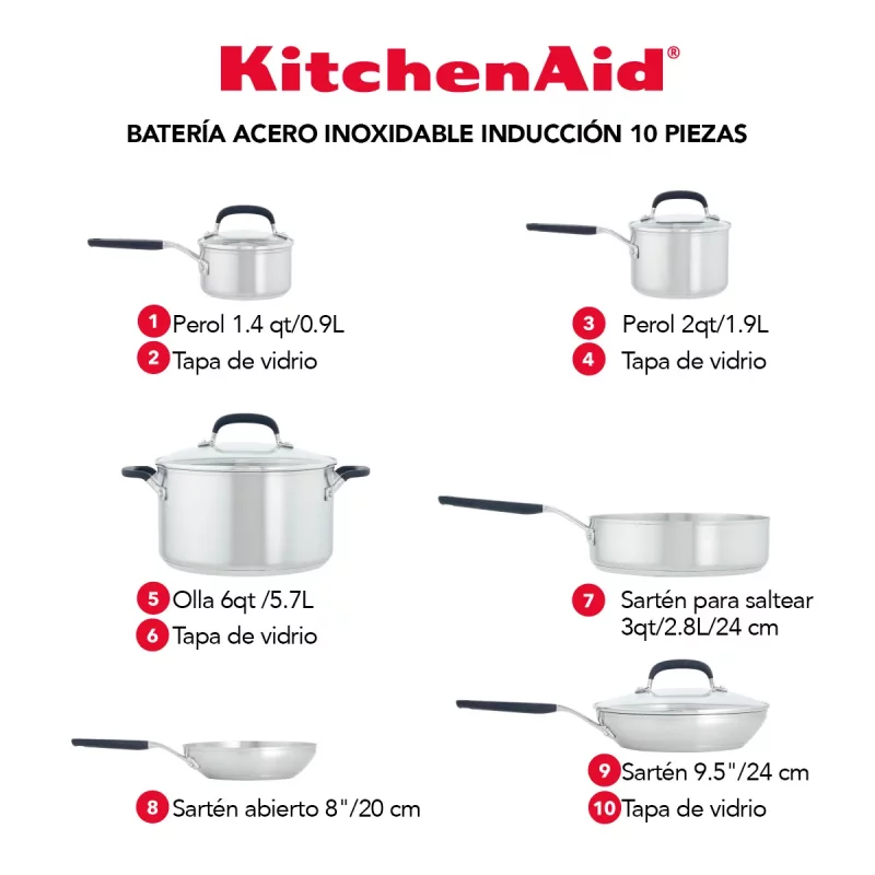 Batería KITCHENAID Acero Inoxidable AA Inducción 10 Pzs