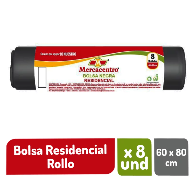 Bolsa Mercacentro Residencial Rollo 60x80 cm x 8 und