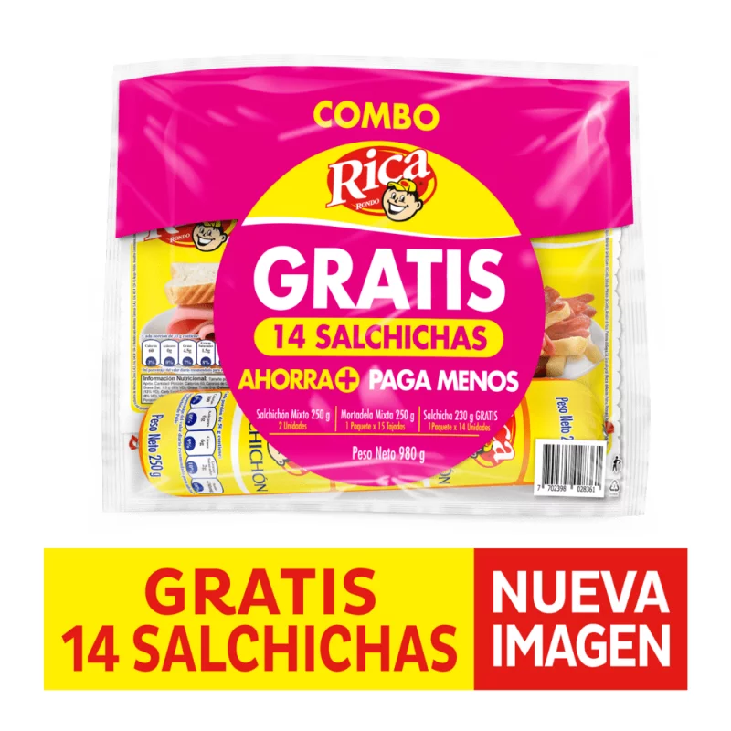 Combo Rica 2 Salchichón 250 g + Mortadela 250 g + Salchichas
