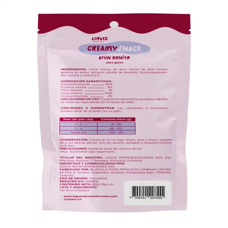 Creamy Snack Lopets Atun Bonito Para gatos x 60 g