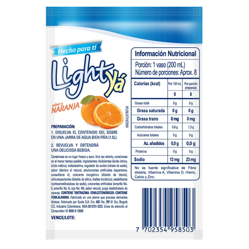 Instantaneo Light Ya Naranja 1.5 Litros Sobre 10 g