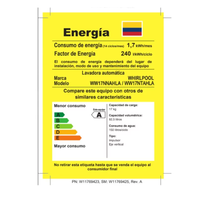 Lavadora Whirlpool 17 kg Gris Xpert Eco WW17NTAHLA