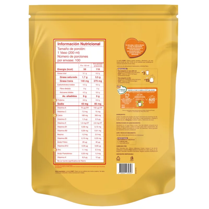 Leche Klim Entera Fortificada Bolsa 2400 g