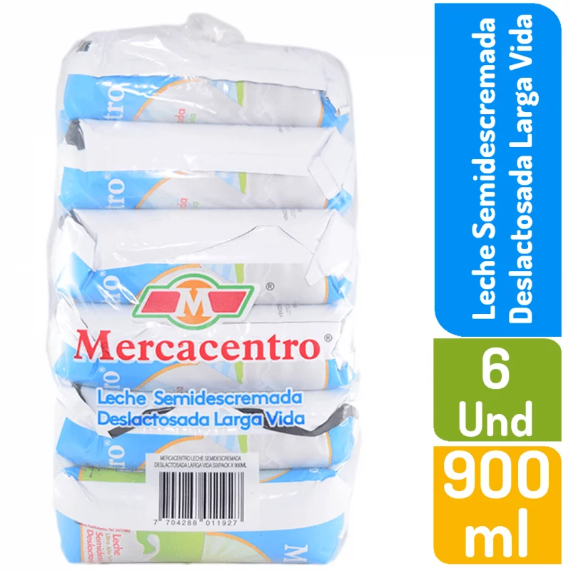 Leche Mercacentro Semidescremada Deslactosada 6 X 900 ml