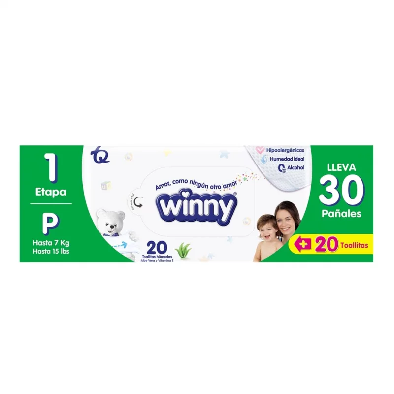 Pañal Winny Sec Etapa 1 x 30 und + Toalla Aloe x 20 und