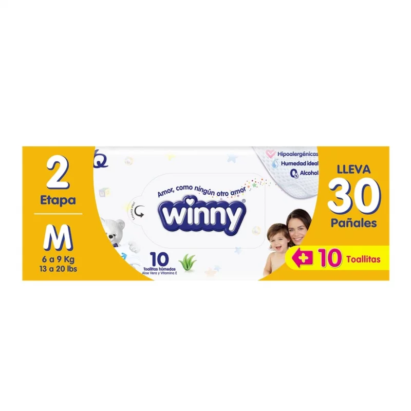 Pañal Winny Sec Etapa 2 x 30 und + Toalla Aloe x 10 und