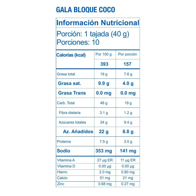 Ponqué Gala Ramo Coco Bloque 400 g