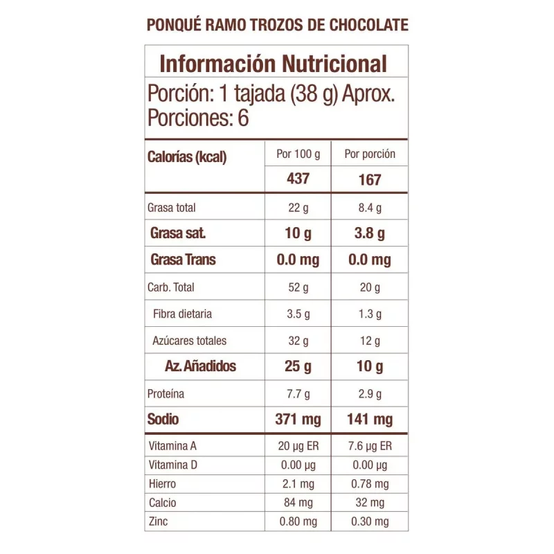 Ponqué Ramo Tradición Selecta Trozos Chocolate 230 g