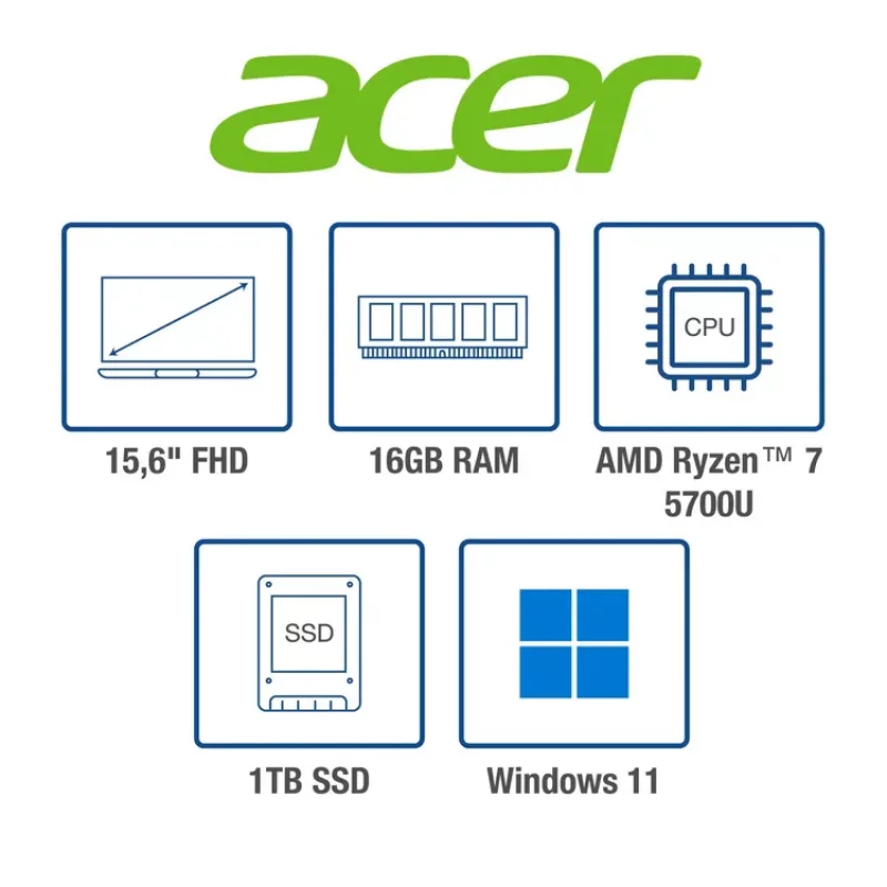 Portatil Acer Ryz7 1Tb 16 GB Ram 15.6 Pulgadas FHD W11 Silver