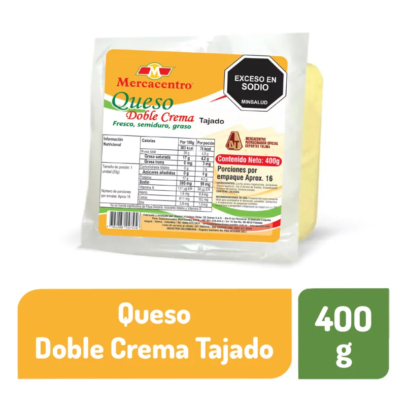 Queso Mercacentro Doble Crema Tajado x 400 g