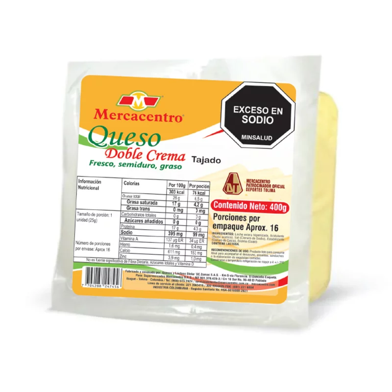 Queso Mercacentro Doble Crema Tajado x 400 g