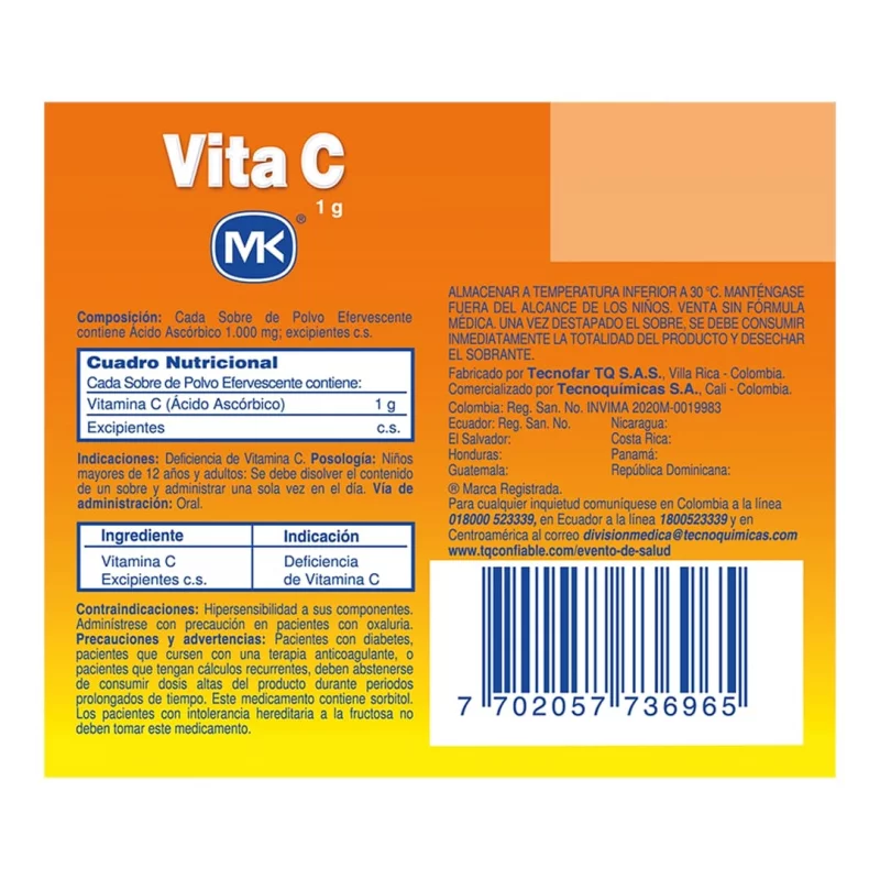 Vitamina C Mk Efervecente Polvo Sabor Naranja x 10 und