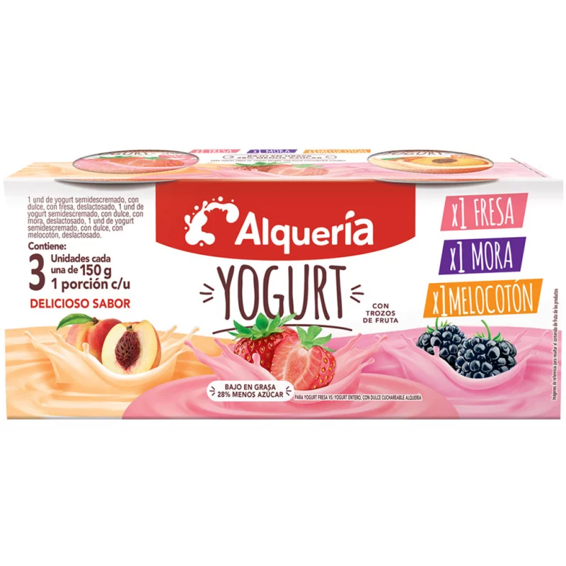Yogurt Alqueria Vaso Melocoton Fresa Mora Melocoton 3 x 150 g