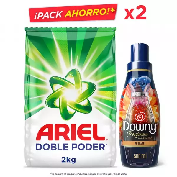 DETERGENTE POLVO ARIEL DOBLE PODER X2000g + SUAVIZANTE DOWNY 500ml