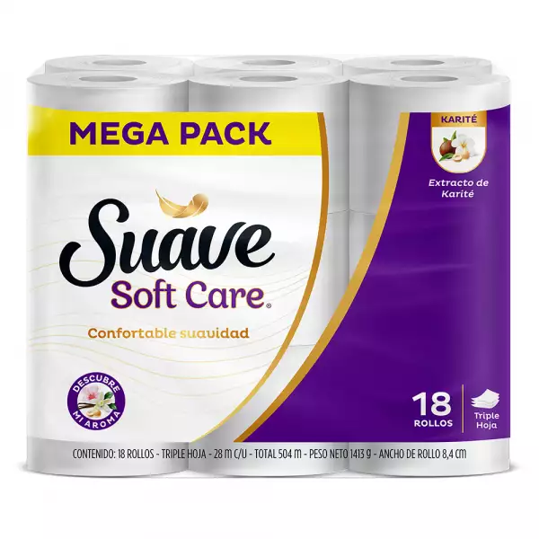 PAPEL HIGIENICO SUAVE SOFT CARE 3H X18R X28mt