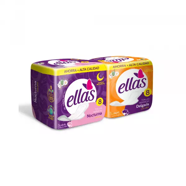 TOALLAS HIGIENICAS ELLAS NOCTURNAS X8u + DELGADAS X8