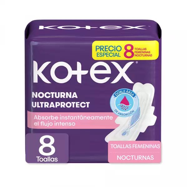 TOALLAS HIGIENICAS KOTEX NOCTURNA TELA X8u