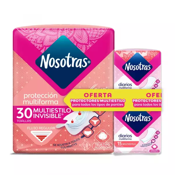 TOALLAS HIGIENICAS NOSOTRAS INVISIBLE CLASICA MULTIESTILO X30u+PROTECTORES