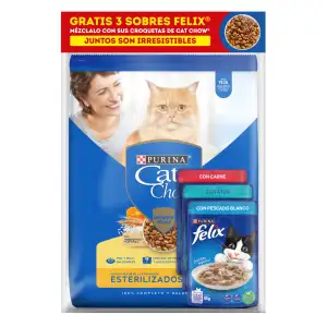 CAT CHOW ADULTO ESTERILIZADO POLLO X1500g GRATIS 3 SOBRES FELIX
