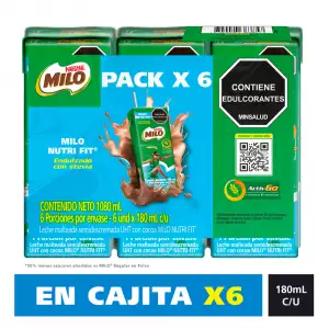 MILO ACTIV GO RTD MENOS AZUCAR X6 X180ml