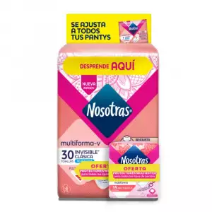 TOALLAS HIGIENICAS NOSOTRAS INVISIBLE CLASICA MULTIESTILO X30u+PROTECTORES