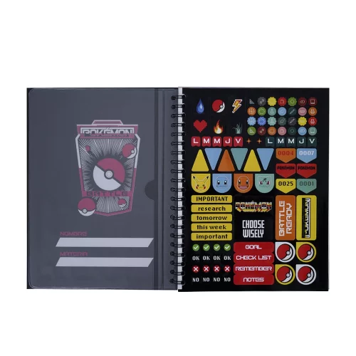 Cuaderno Argollado tapa dura grande Pokemon 80 Hojas Cuadriculado - Franjas Rojas Verticales