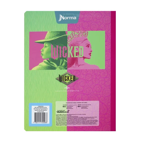 Cuaderno Cosido 100 Hojas Cuadriculado Wicked - Elphaba Y Glinda Marco Blanco