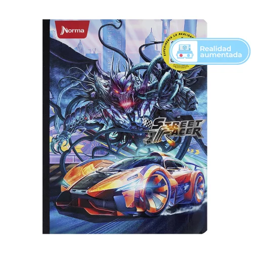 Cuaderno Cosido Street Racer 100 Hojas 1 Materia Doble Línea - Carro Naranja Y Mosntruo