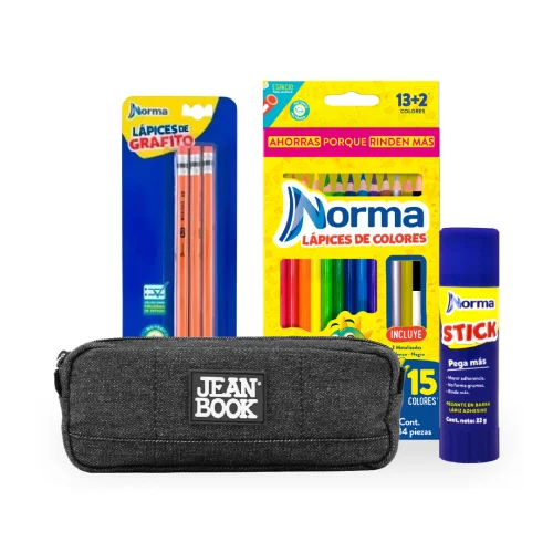 Kit para Regresar a clases Cartuchera + Pegante + Lapices + Caja de Colores Norma