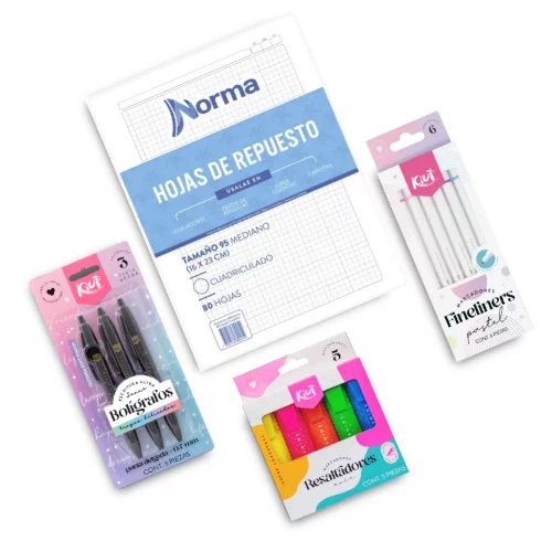 Kit Universitario Femenino Repuesto pasta de Argolla + Boligrafos + Fineliners + Resaltadores