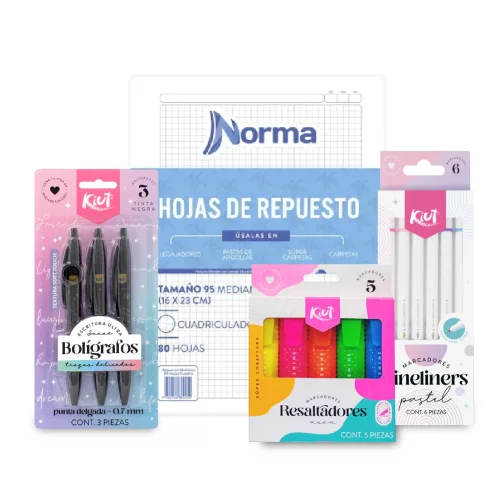 Kit Universitario Femenino  Repuesto pasta de Argolla + Boligrafos + Fineliners + Resaltadores