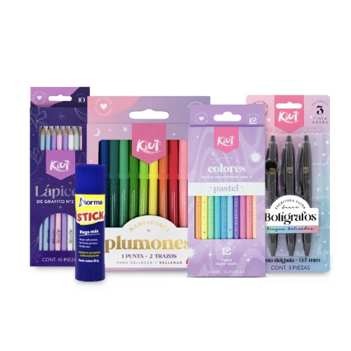 Mi Súper Kit Escolar Kiut Colores + Boligrafos + Marcadores + Pegante + Lapiz