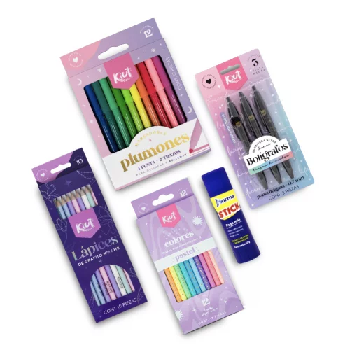 Mi Súper Kit Escolar Kiut Colores + Boligrafos + Marcadores + Pegante + Lapiz
