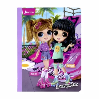Cuaderno cosido 100 hojas doble línea Bonequinhas - patinaje