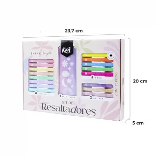 Kit Resaltadores Kiut: 8 Pastel, 5 Neón, 3 Glitter Y 4 Stencils