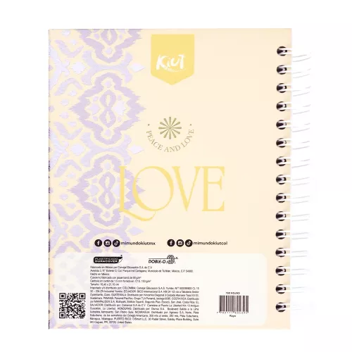 Cuaderno Argollado Tapa Dura A5 Cuadro Grande Kiut Peace 160 Hojas