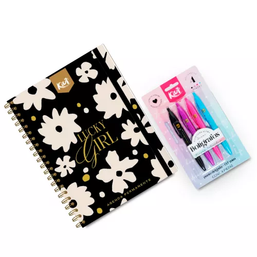 Kit Lucky Girl: agenda permanente y boligrafos kiut 4 unidades