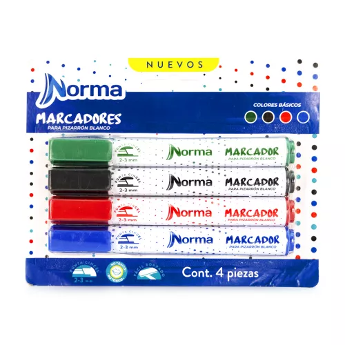 Marcadores para Pizarron Norma 4 Unidades (azul, negro, rojo y verde)