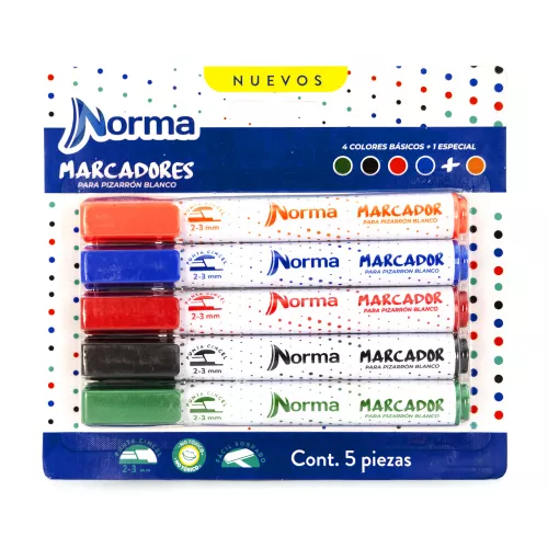 Marcadores para Pizarron Norma 5 Unidades (azul, negro, naranja, rojo y verde)