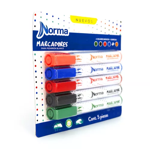 Marcadores para Pizarron Norma 5 Unidades (azul, negro, naranja, rojo y verde)
